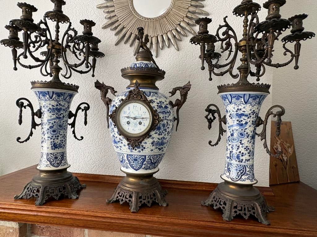 Antieke authentieke Kasteel Schouwset 80cm - Brons & Delft, Antiek en Kunst, Antiek | Klokken, Ophalen