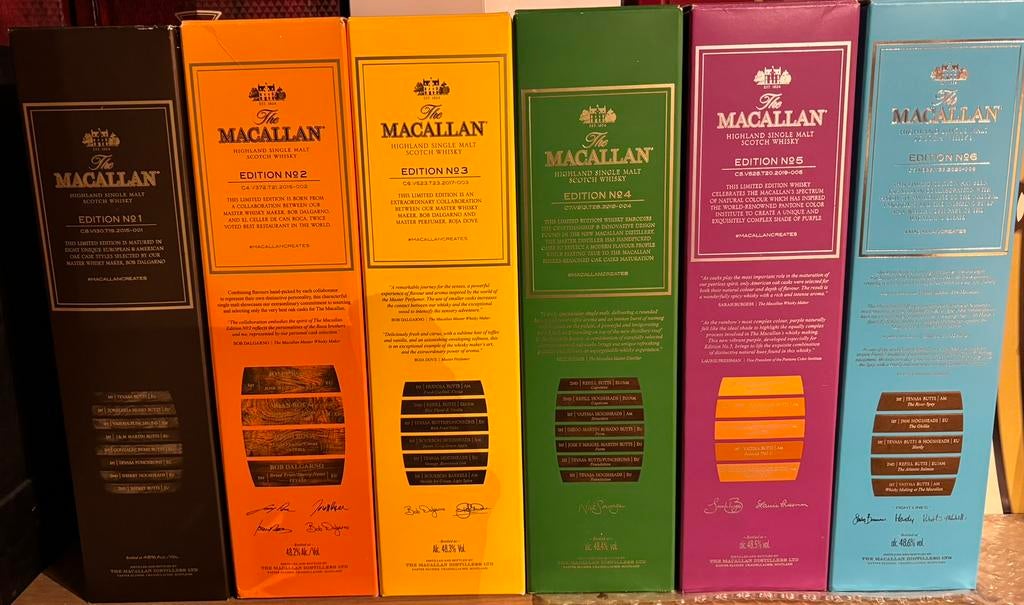 The Macallan Editions whisky - 1 tem 6 - allemaal top, Verzamelen, Ophalen of Verzenden, Zo goed als nieuw
