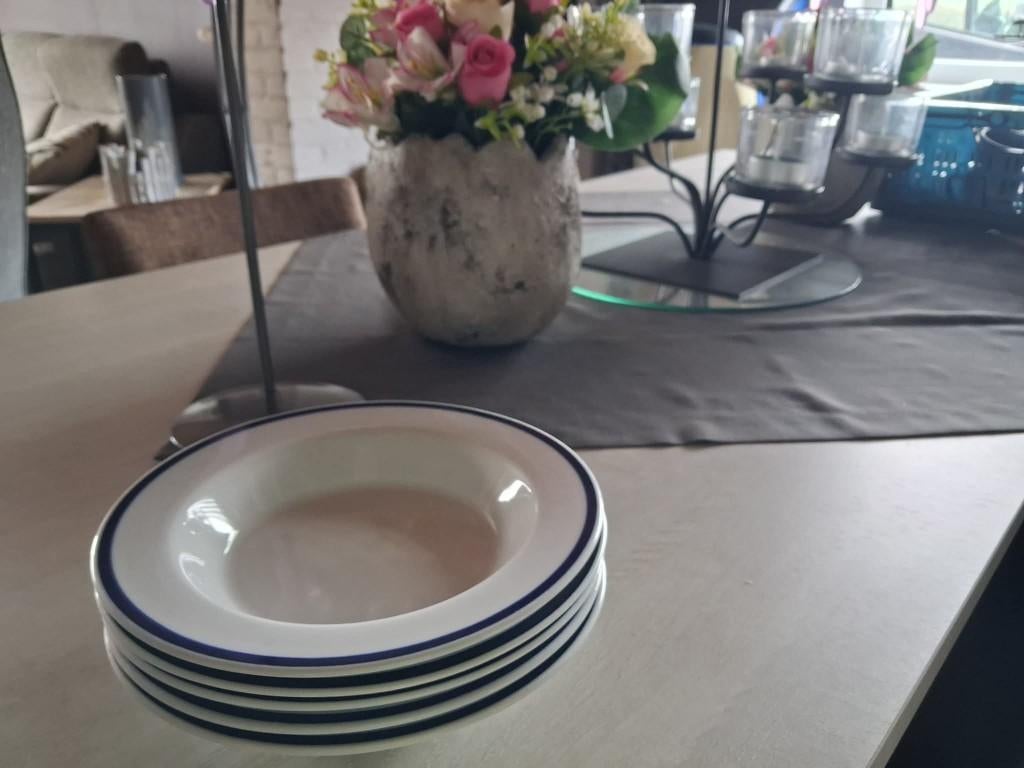 5 soepborden (met blauw)  merk kahla, Maison & Meubles, Cuisine | Vaisselle, Enlèvement, Utilisé, Assiettes(s)