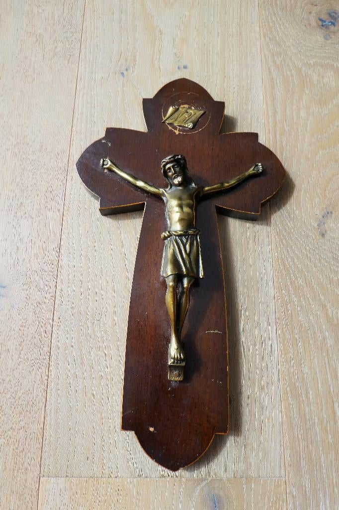 Très Ancien Crucifix en Bois et Bronze 34 cm x 19 cm, Antiquités & Art, Enlèvement