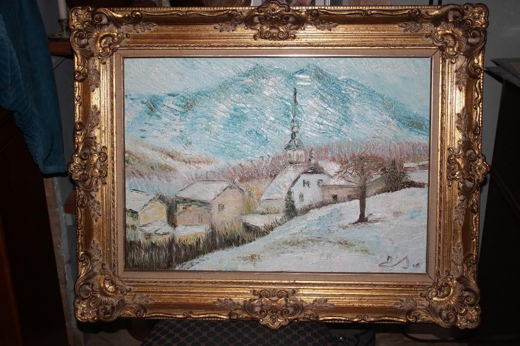 huile sur toile paysage de neige 50/70cms encadrée, Hobby & Loisirs créatifs, Peinture, Enlèvement ou Envoi, Neuf, Toile