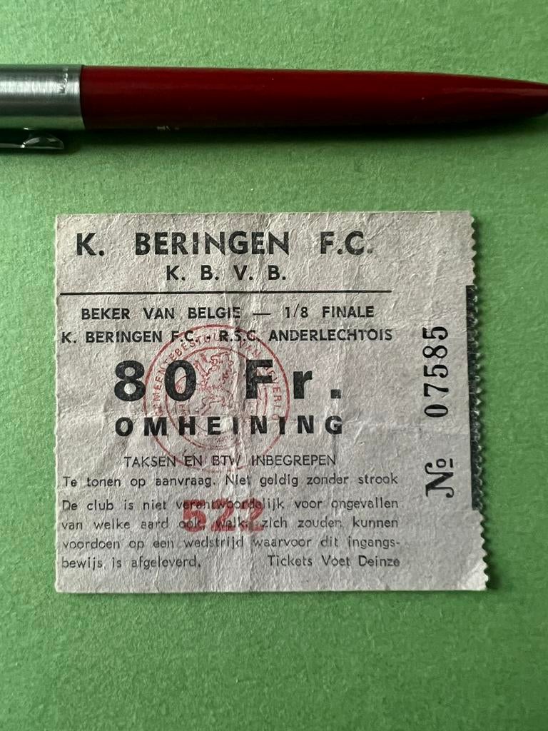 Ticket Beringen RSC Anderlecht 1/8 coupe de Belgique 1975/76, Collections, Envoi, Utilisé, Autres types