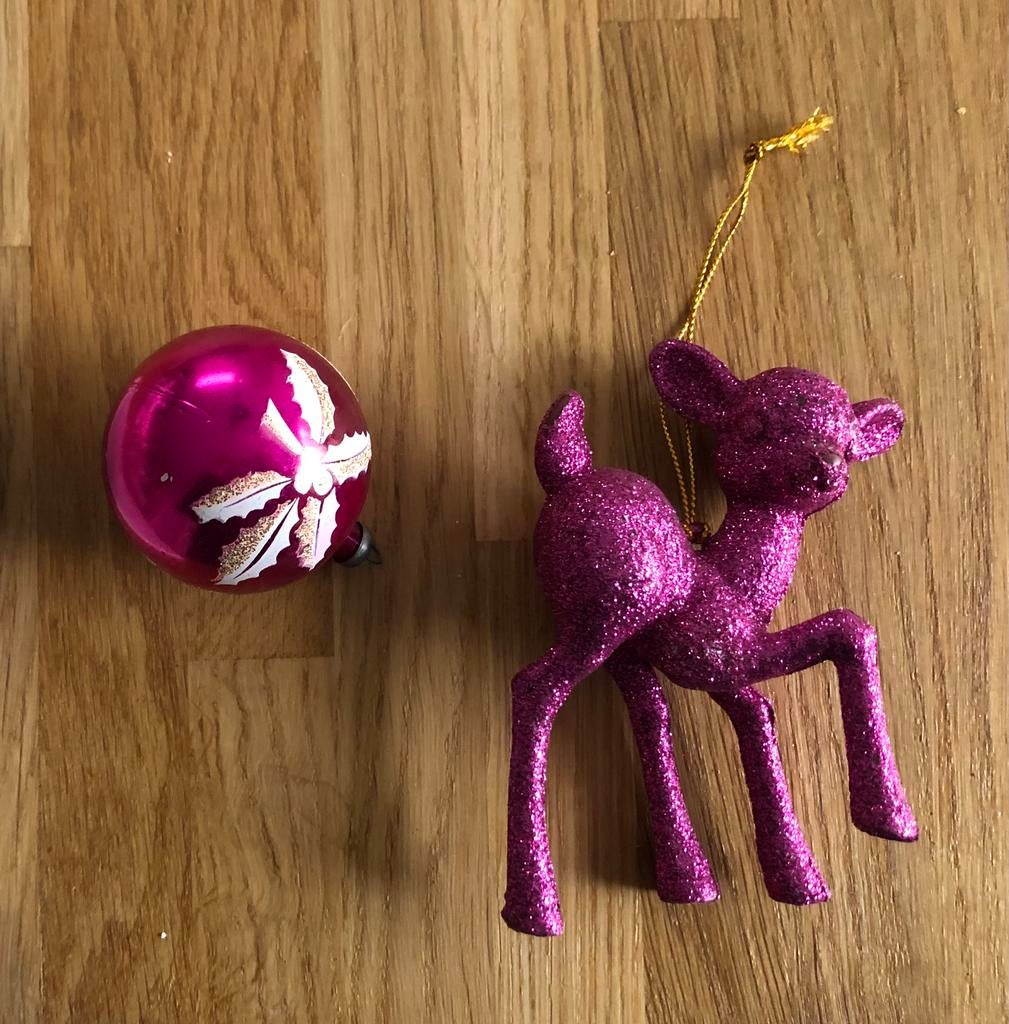 set roze glitterhertje + vintage roze kerstbal kersthanger, Diversen, Kerst, Gebruikt, Ophalen of Verzenden
