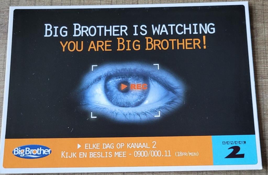 Reclamekaart/ postkaart: Big Brother, Verzamelen, Postkaarten | Themakaarten, Ophalen of Verzenden, 1980 tot heden, Ongelopen