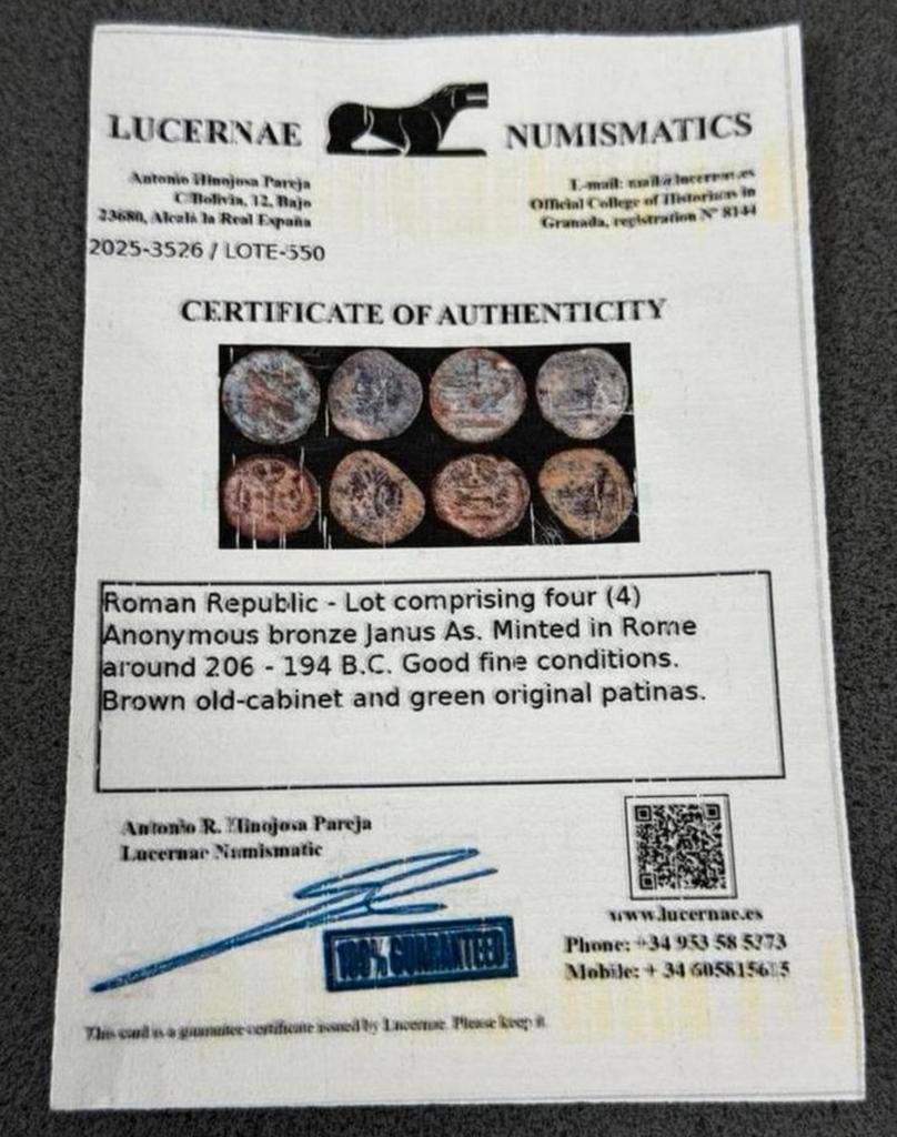 Monnaies romaines 4x pièces Janus Ash 206-194 BC certificat, Enlèvement ou Envoi, Italie, Série