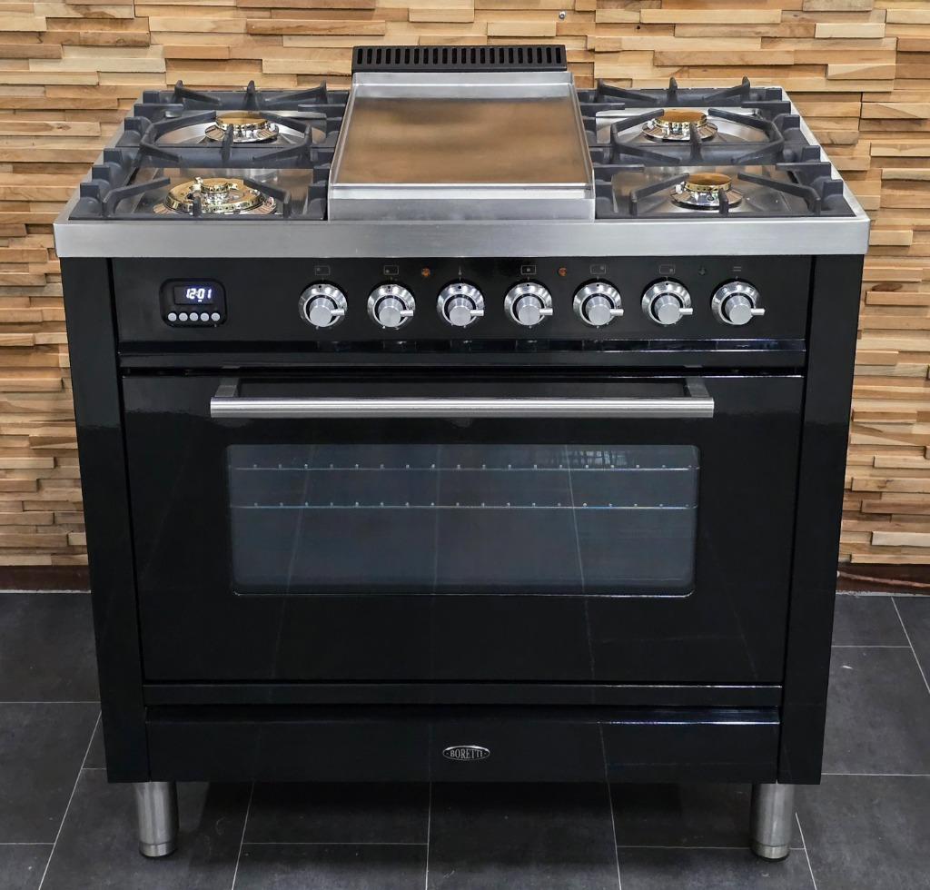 🔥Luxe Fornuis Boretti 90cm hoogglans zwart + rvs 300° oven, Warmhoudplaat, 60 cm of meer, Energieklasse A of zuiniger, Ophalen of Verzenden