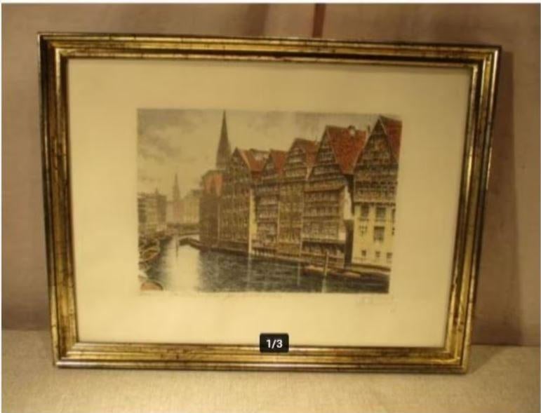 Belle gravure «La rivière traverse la ville» Albrecht Bruck, Enlèvement ou Envoi