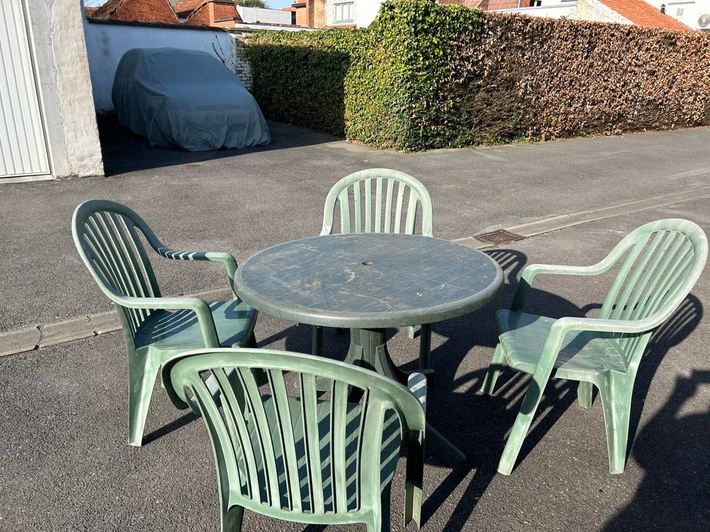 4 tuinstoelen + ronde tafel, Tuin en Terras, Ophalen, 4 zitplaatsen, Kunststof, Gebruikt