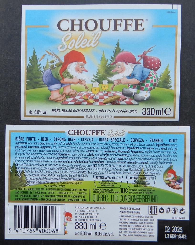 Étiquette de bière Chouffe Soleil Bras. d'Achouffe (13f0), Collections, Envoi, Utilisé