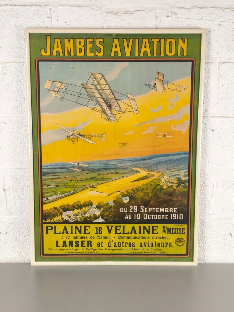 Prachtige grote affiche Jambes aviation 1910, Enlèvement