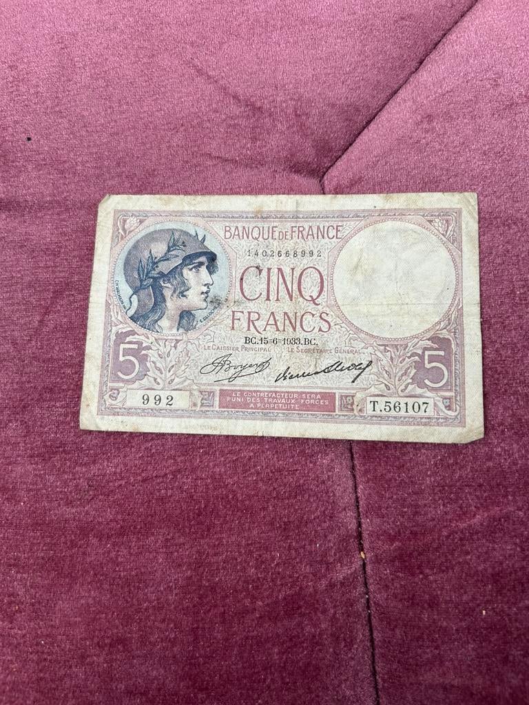 5 franks uit frankrijk 1934, Timbres & Monnaies, Billets de banque | Asie, Enlèvement