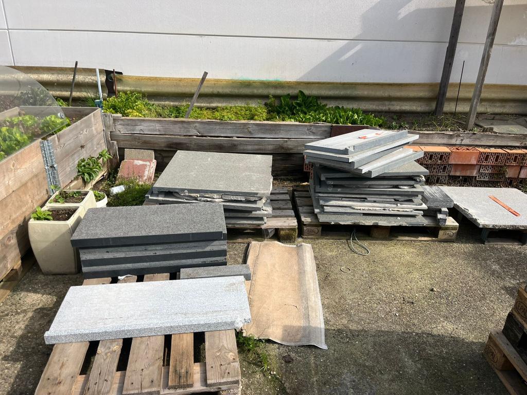 Boordstenen en tegels, Jardin & Terrasse, Pavé & Dalles, Enlèvement, Utilisé, Pierre naturelle, Tuiles de terrasse