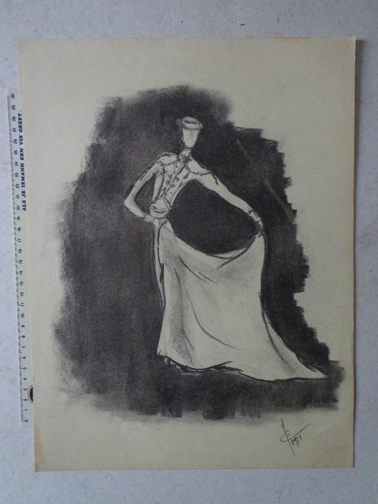 potloodtekening Yvette Guilbert? uit 1971 monogram, Antiek en Kunst, Ophalen of Verzenden