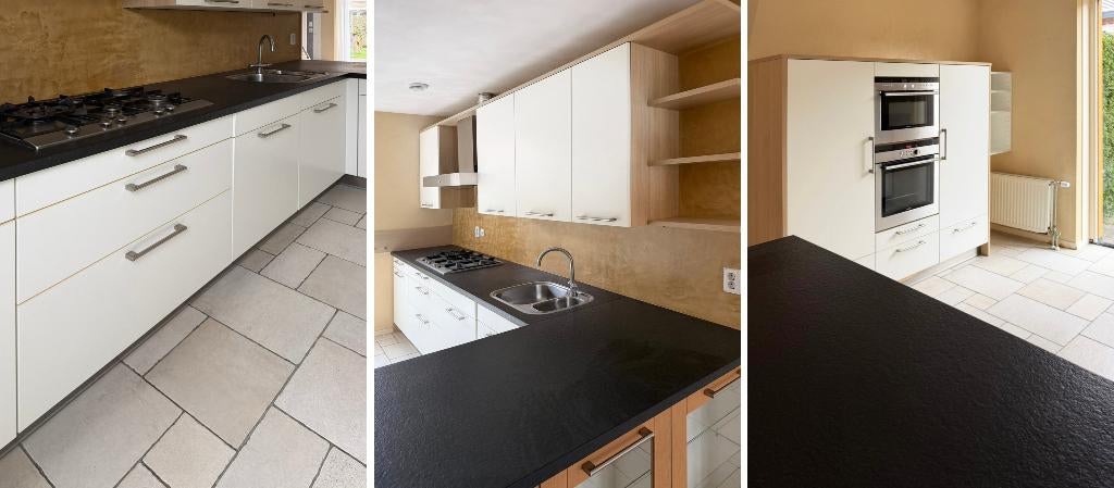 Duurzame rechte L / eiland keuken met natuursteen werkblad, Ophalen, Wit, Graniet of Steen, Overige typen