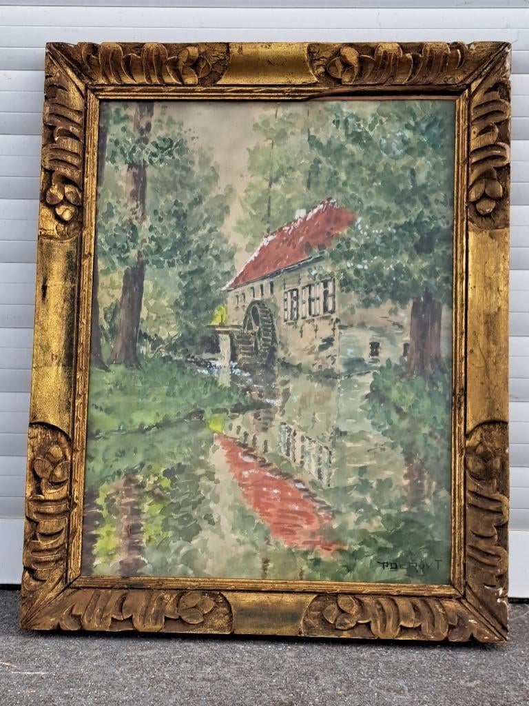 Aquarelle moulin a eau forte signe p de ruyt, Ophalen of Verzenden