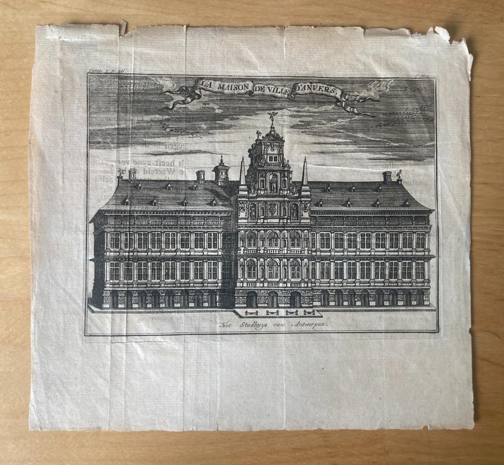 Antieke gravure Stadhuis Antwerpen – 17e -18e eeuw, Antiek en Kunst, Ophalen of Verzenden