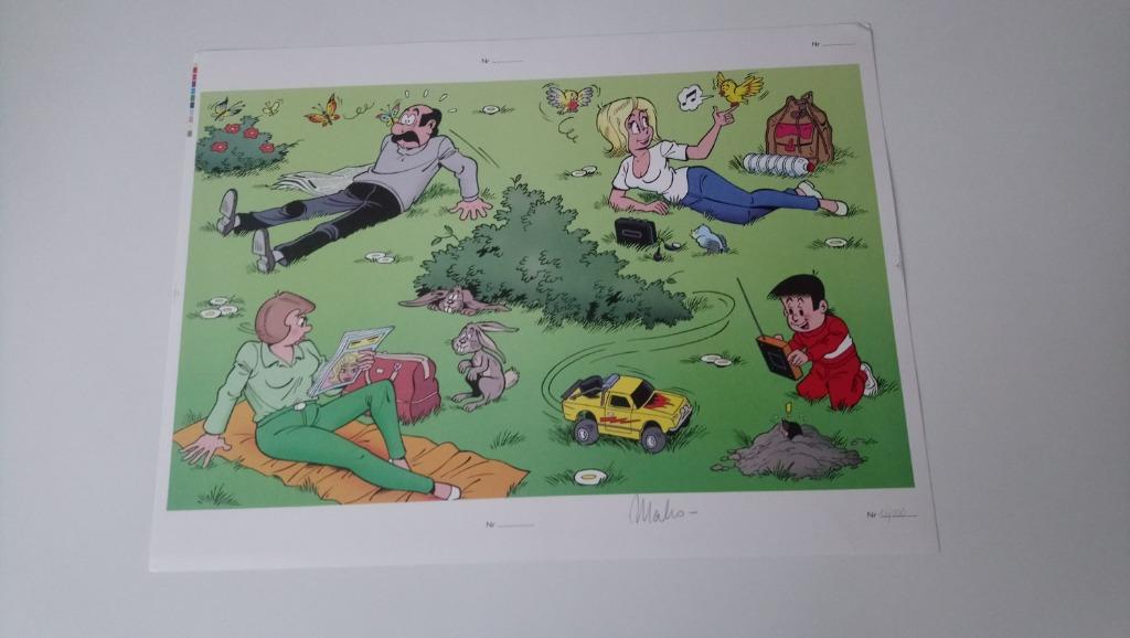 kiekeboe zeefdruk familie op grasveld 100 ex., Enlèvement ou Envoi, Autres personnages, Comme neuf, Image, Affiche ou Autocollant