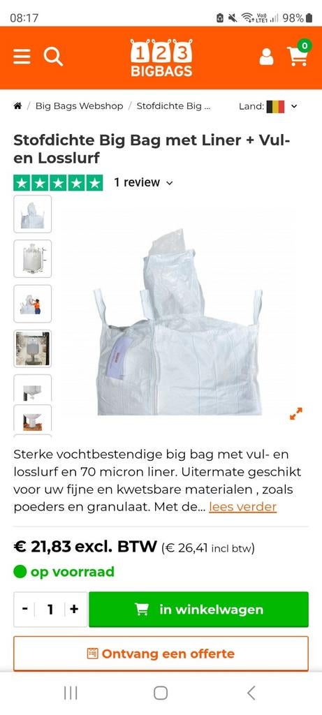 Big bag 1250 kg met vul en losslurf 3 stuks nieuw, Doe-het-zelf en Bouw, Containers, Ophalen