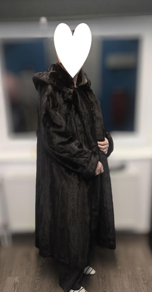 Lange zwarte vintage bontjas van marmot – zeer goede staat, Ophalen, Zwart, Maat 42/44 (L), Zo goed als nieuw