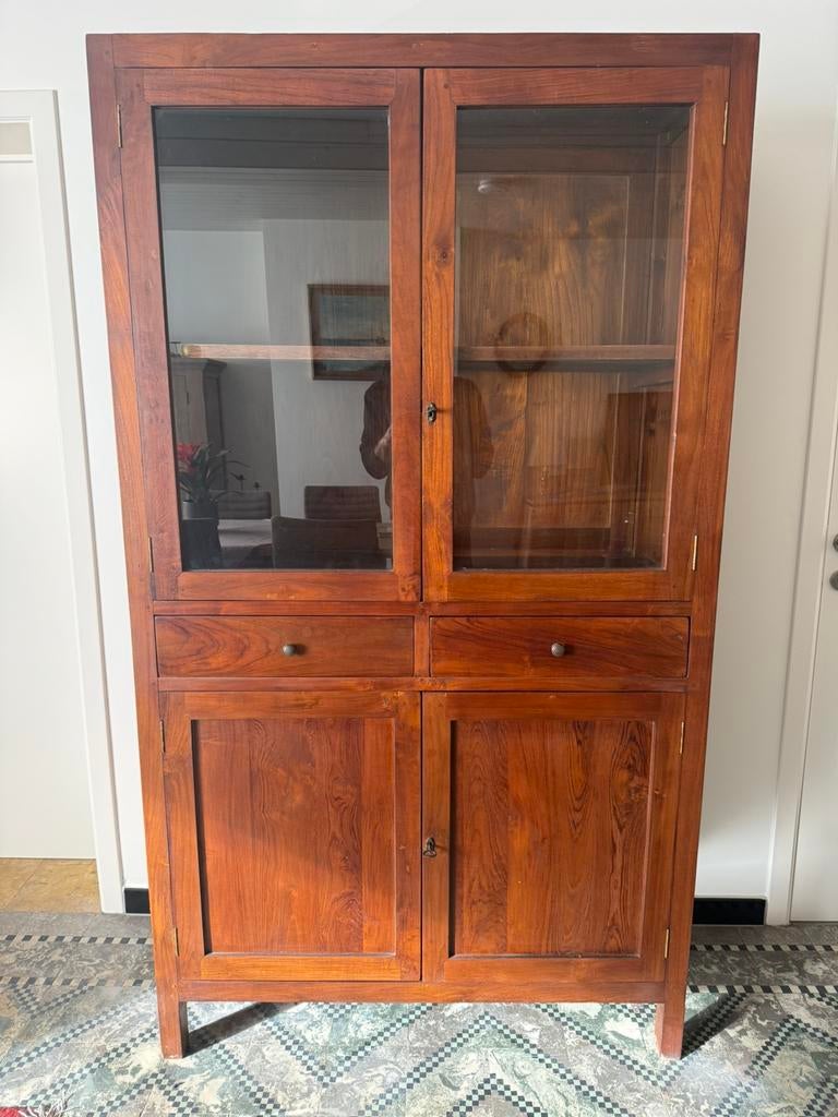 Vitrinekast massieve Indonesische teak, Huis en Inrichting, Kasten | Buffetkasten, Ophalen, Zo goed als nieuw, Teakhout