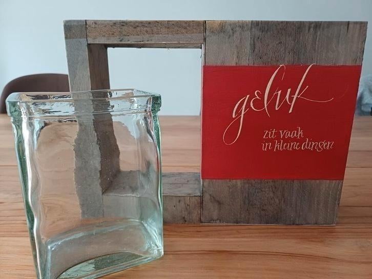 Decoratie Vaas in houten kader met tekst over Geluk, Ophalen of Verzenden, Zo goed als nieuw