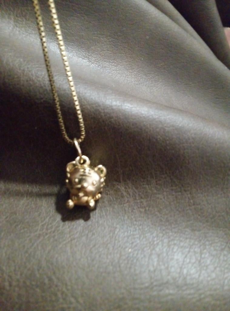 Gouden hangertje Kitty~Cat met gouden ketting., Handtassen en Accessoires, Ophalen of Verzenden, Goud, Goud