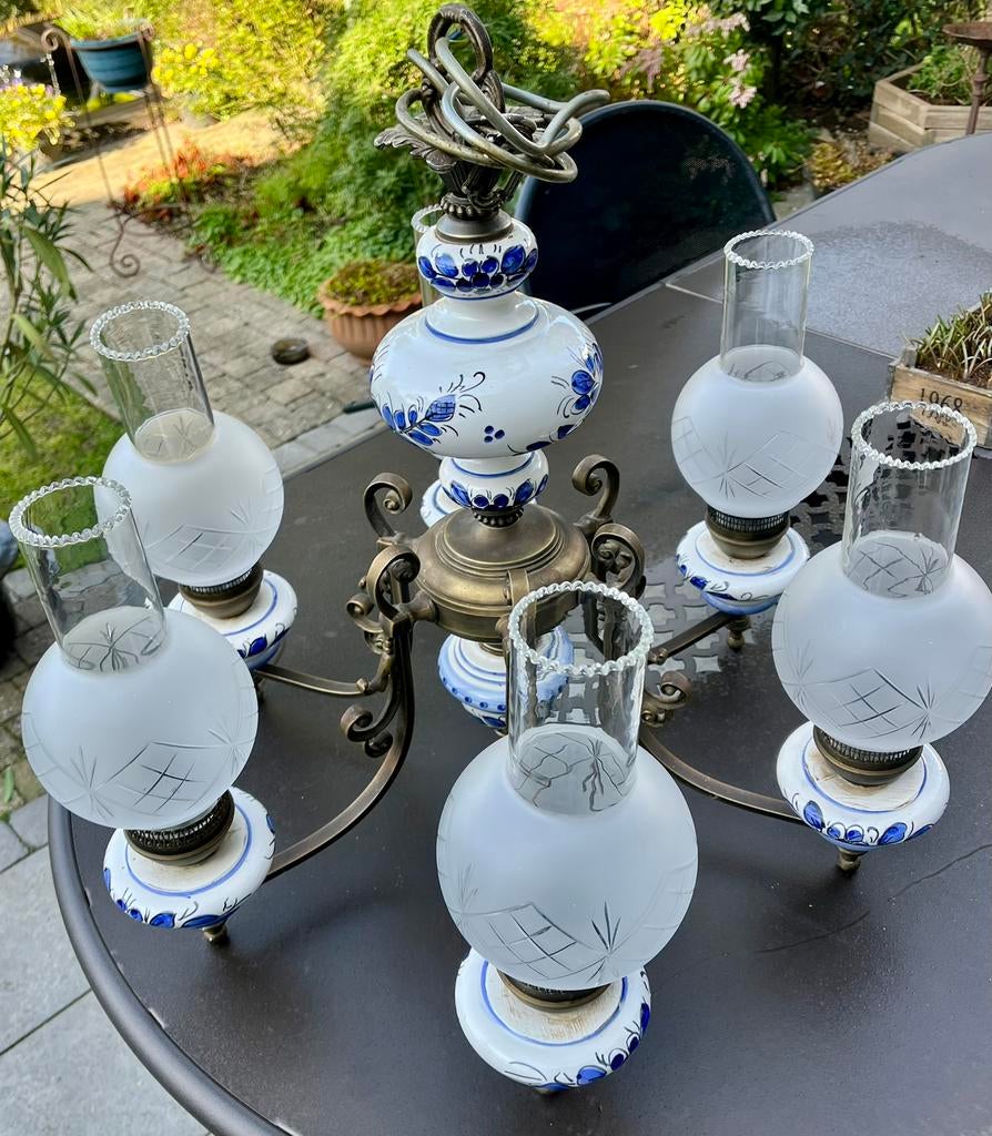 Antieke luster delfts blauw in koper, Antiek en Kunst, Ophalen