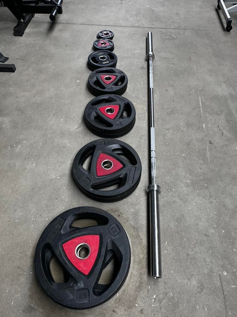 157,5kg Ziva Gewichten  + Olympische Barbell 220cm, Ophalen, Gebruikt, Halterschijven
