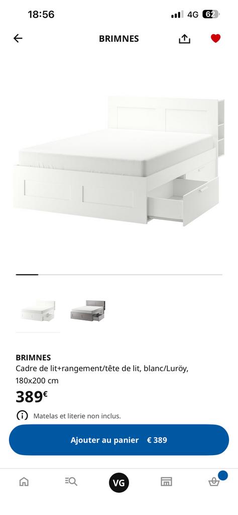 Ikea lit Brimnes blanc 180cm avec tête de lit, Enlèvement, Utilisé, Blanc, 180 cm