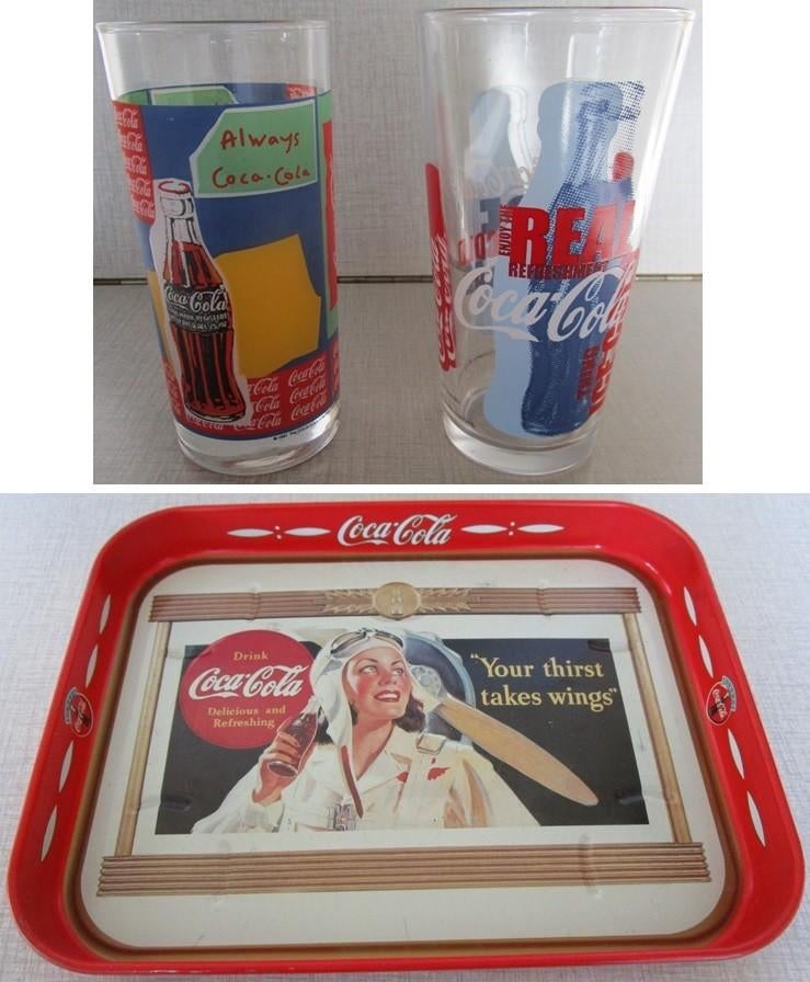Coca-Cola - vintage stuks - 2 glazen + dienblad - OPRUIM, Ophalen of Verzenden, Gebruikt, Frisdrankglas