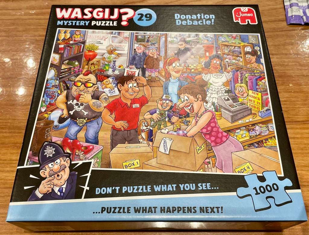 Wasgij Mystery Puzzle 29 Donation Debacle! 1000 st, Ophalen of Verzenden, Zo goed als nieuw