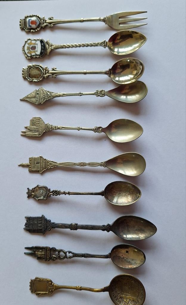 10 verzamel lepeltjes en vorkje verzilverd, Antiek en Kunst, Ophalen of Verzenden