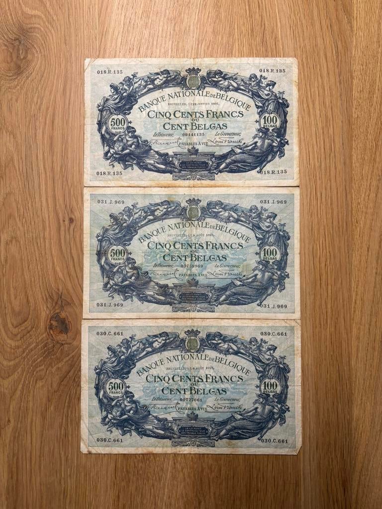 Lot: 3x 500 Frank / 100 Belgas, Timbres & Monnaies, Billets de banque | Belgique, Enlèvement ou Envoi, Série