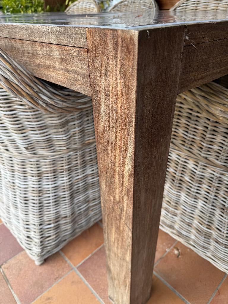 Robuuste Tuintafel + 8x Rotan Diningstoel, Ophalen, Gebruikt, Rechthoekig