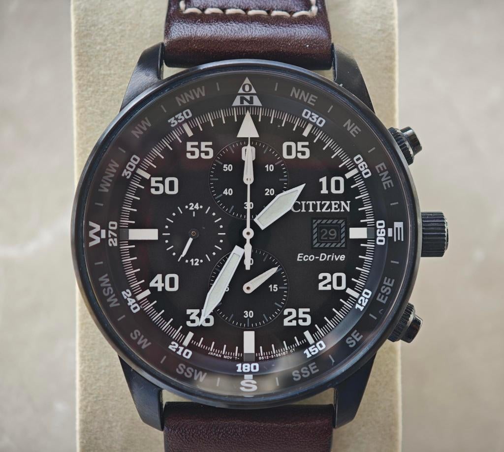 Citizen Eco-Drive Chrono Black Pilot Aviator Military, Bijoux, Sacs & Beauté, Montres | Hommes, Enlèvement ou Envoi, Cuir, Citizen