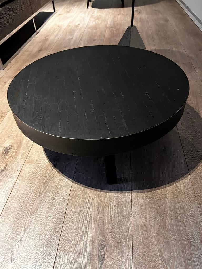 Salontafel rond,  zwart hout en metale pootjes, 74cm, Huis en Inrichting, Tafels | Salontafels, Ophalen, Gebruikt, Rond, Metaal