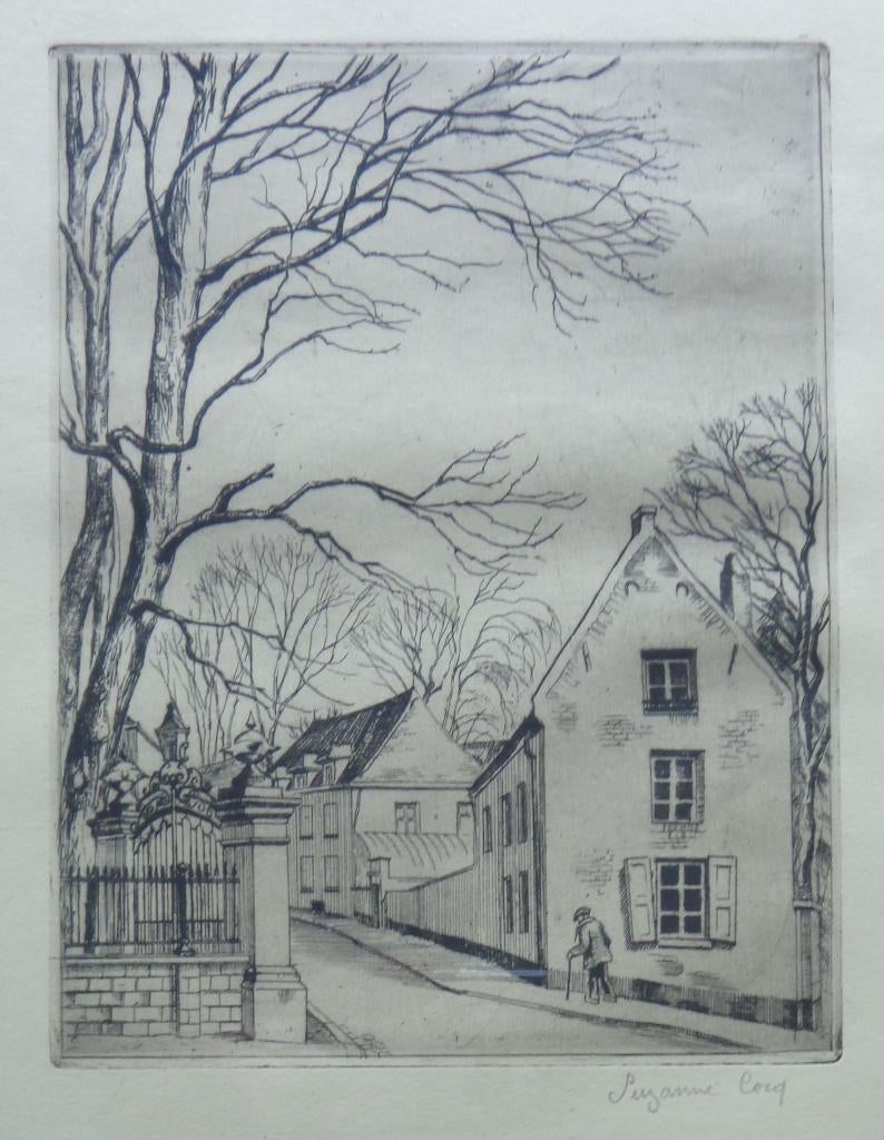 Delen SUZANNE COCQ / DORPSZICHT / ZW-W ETS / 32x26cm / KADER, Eau-forte, Enlèvement ou Envoi, Signé, Architecture