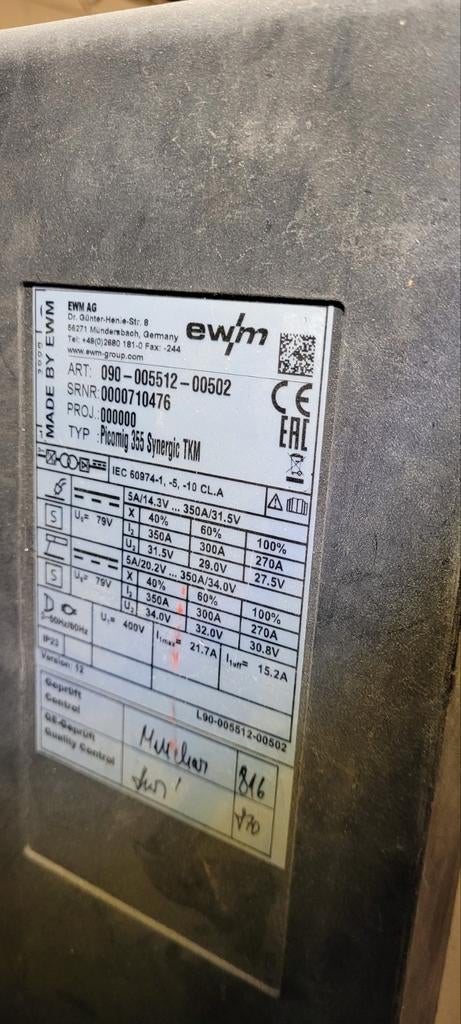 EWIN Lastoestel TYPE pigomig 355 synergic tkm, Ophalen