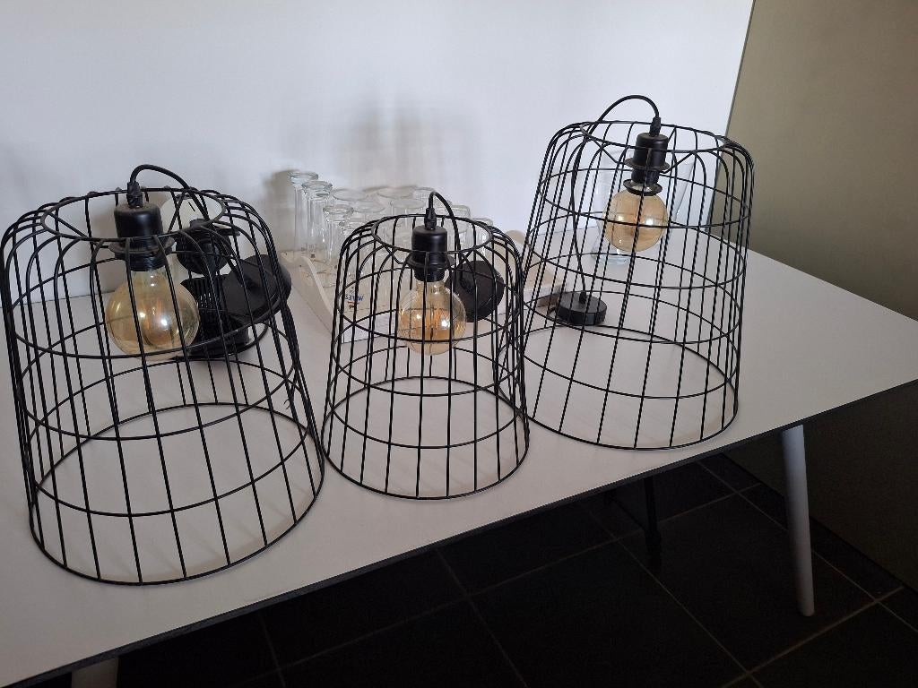 Set moderne zwarte kooi lusters, Huis en Inrichting, Lampen | Kroonluchters, Ophalen, Gebruikt, Metaal, Modern
