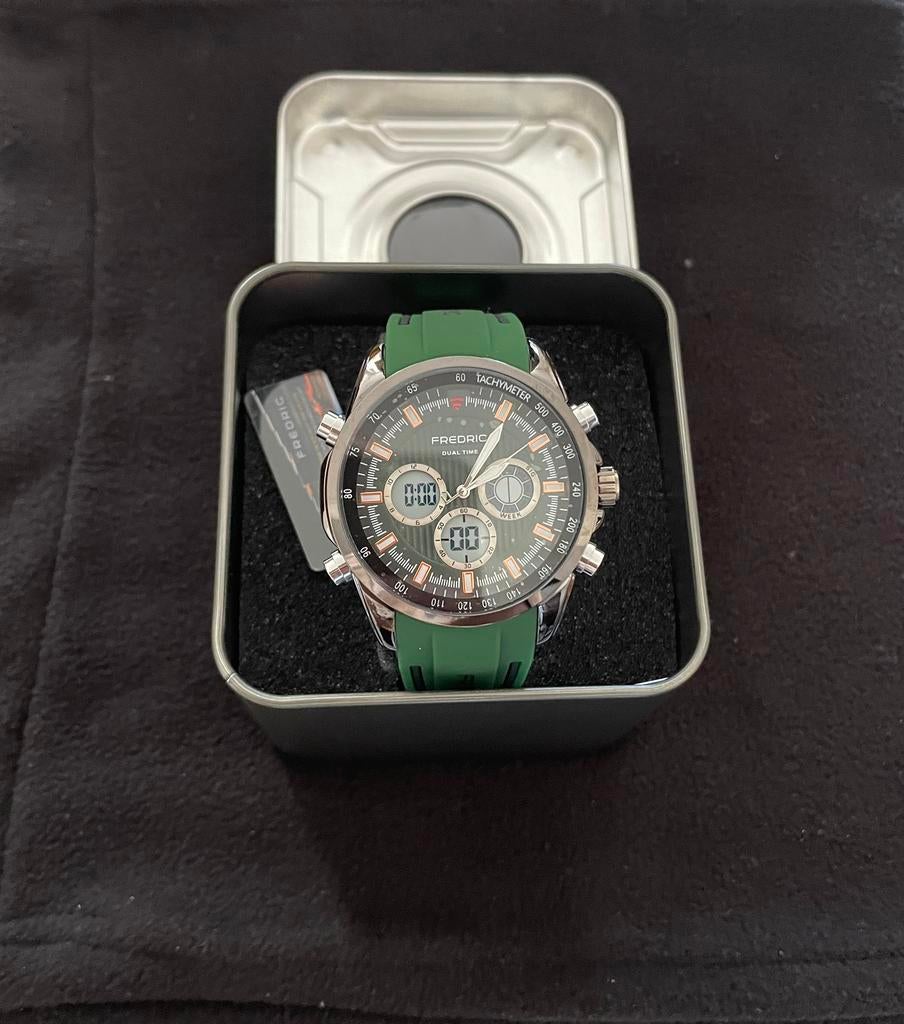 ntre homme FREDRIC Dual Time NEUVE – jamais portée + boîte, Autres marques, Enlèvement ou Envoi, Acier, Synthétique