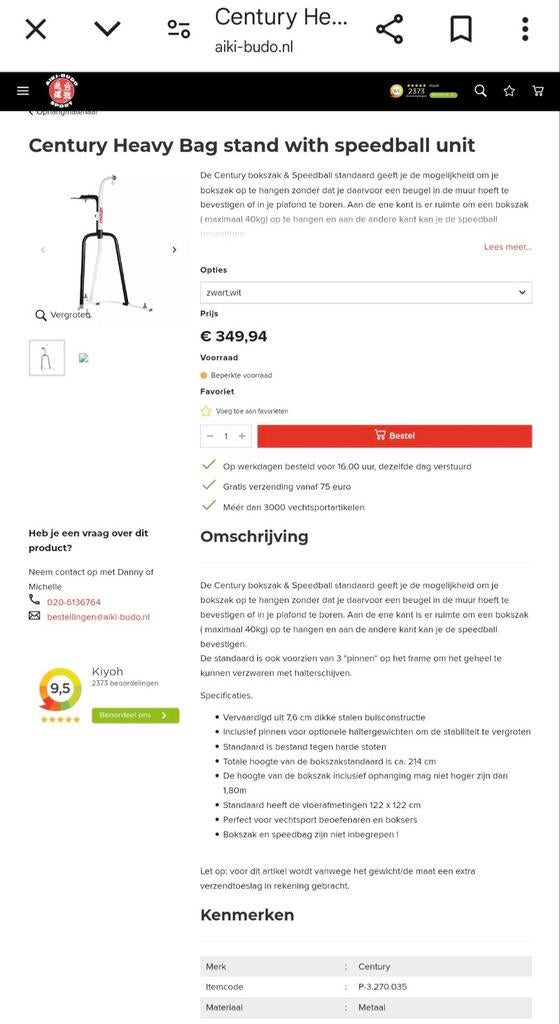 Century bokszak & Speedball standaard, Ophalen, Zo goed als nieuw, Boks-accessoire