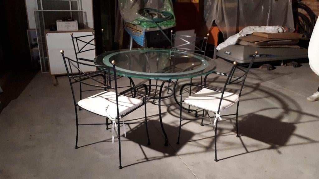 Ronde ijzeren glazen tafel + 4 stoelen, Huis en Inrichting, Ophalen, Gebruikt, Rond, Glas
