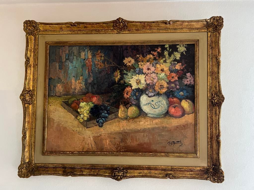 Olieverf stilleven bloemen & fruit – Pros Bosteels, Enlèvement