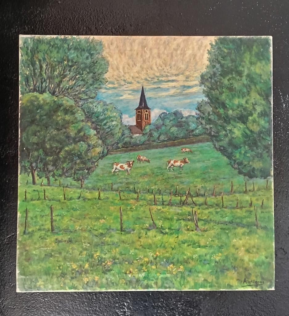 Vintage Vlaamse naïeve landschapsschilderij, Ophalen of Verzenden