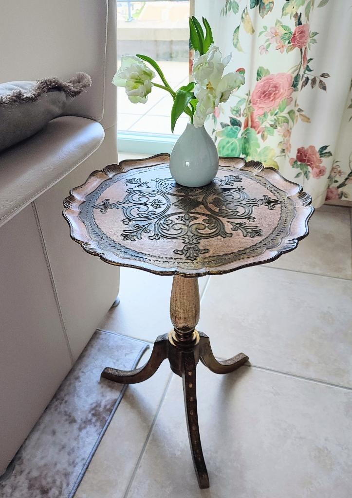 Belle table d'appoint florentine, bout de canapé mid century, Enlèvement ou Envoi, Rond, Moins de 55 cm, Autres matériaux