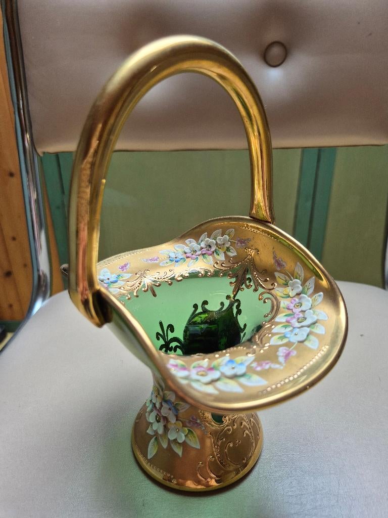 vintage groen Boheems glazen snoepmandje, Ophalen of Verzenden, Zo goed als nieuw, Overige materialen, Overige typen