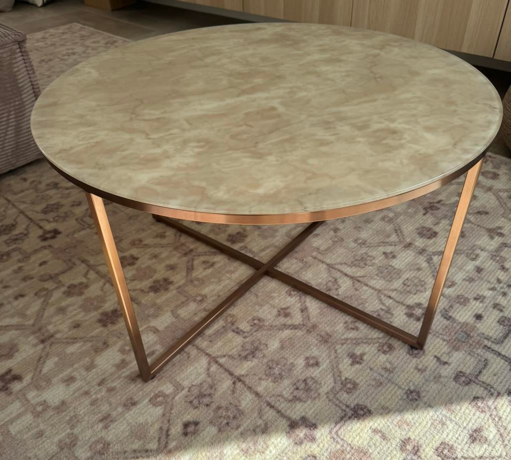 Ronde salontafel marmerlook met Roségoudkleurig frame, Huis en Inrichting, Ophalen, 50 tot 100 cm, Rond, 50 tot 100 cm