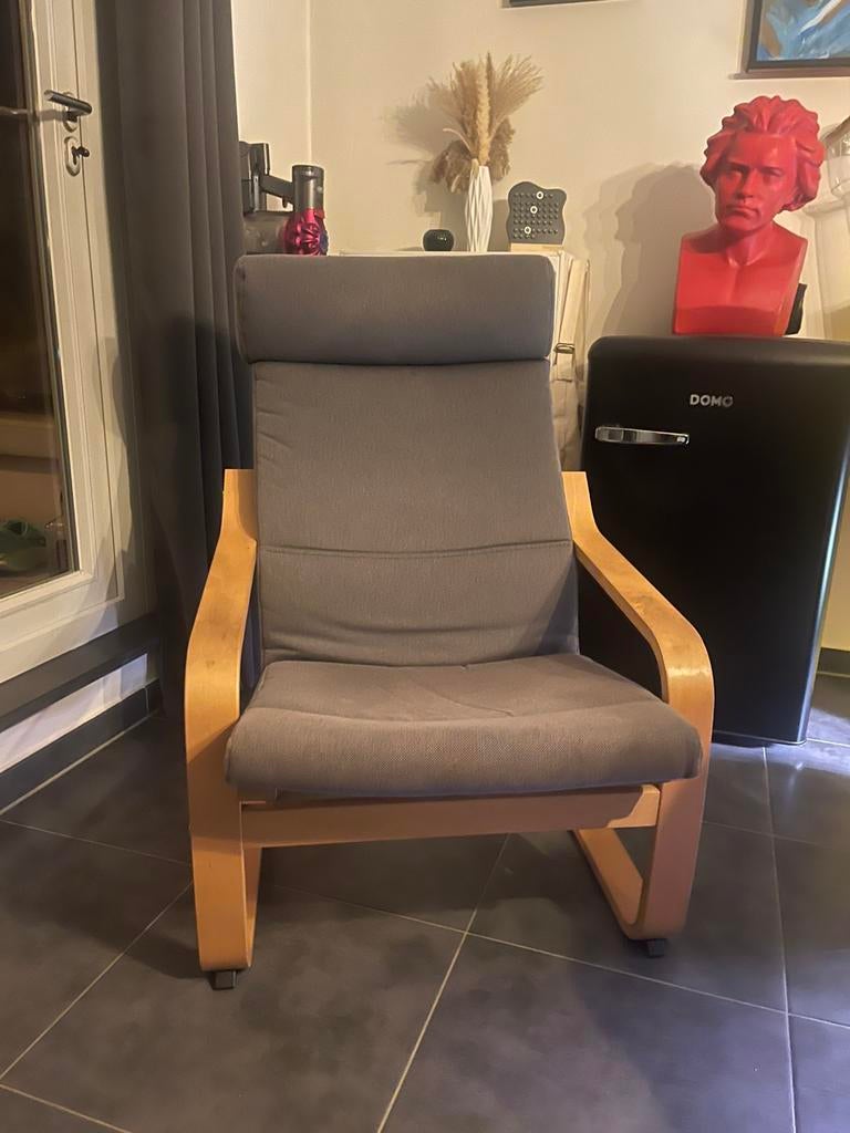 IKEA Poäng fauteuil – Berkenfineer met grijs kussen, Huis en Inrichting, Stoelen, Ophalen, Zo goed als nieuw, Grijs