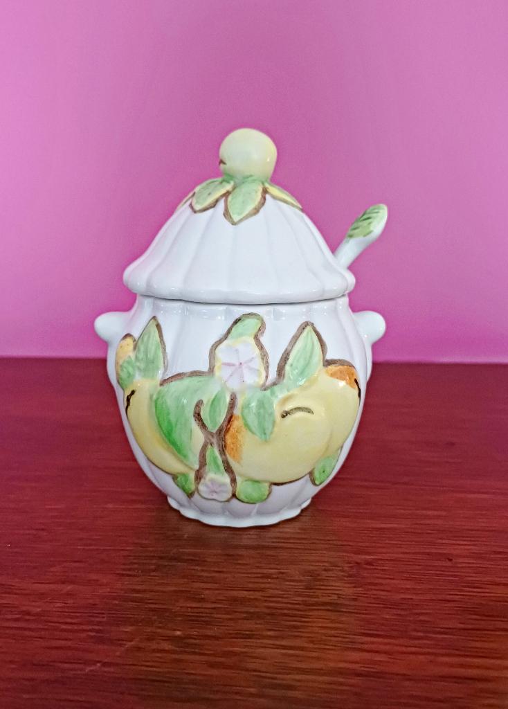 Bocal à confiture/sucrier vintage en céramique Barbotine, Antiquités & Art, Enlèvement ou Envoi