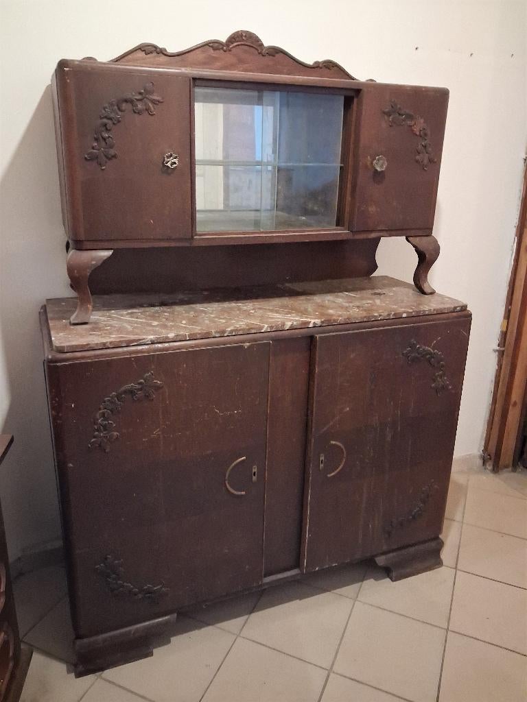 vintage retro , kast met vitrine marmer tablet 180x130x48 cm, Antiek en Kunst, Ophalen